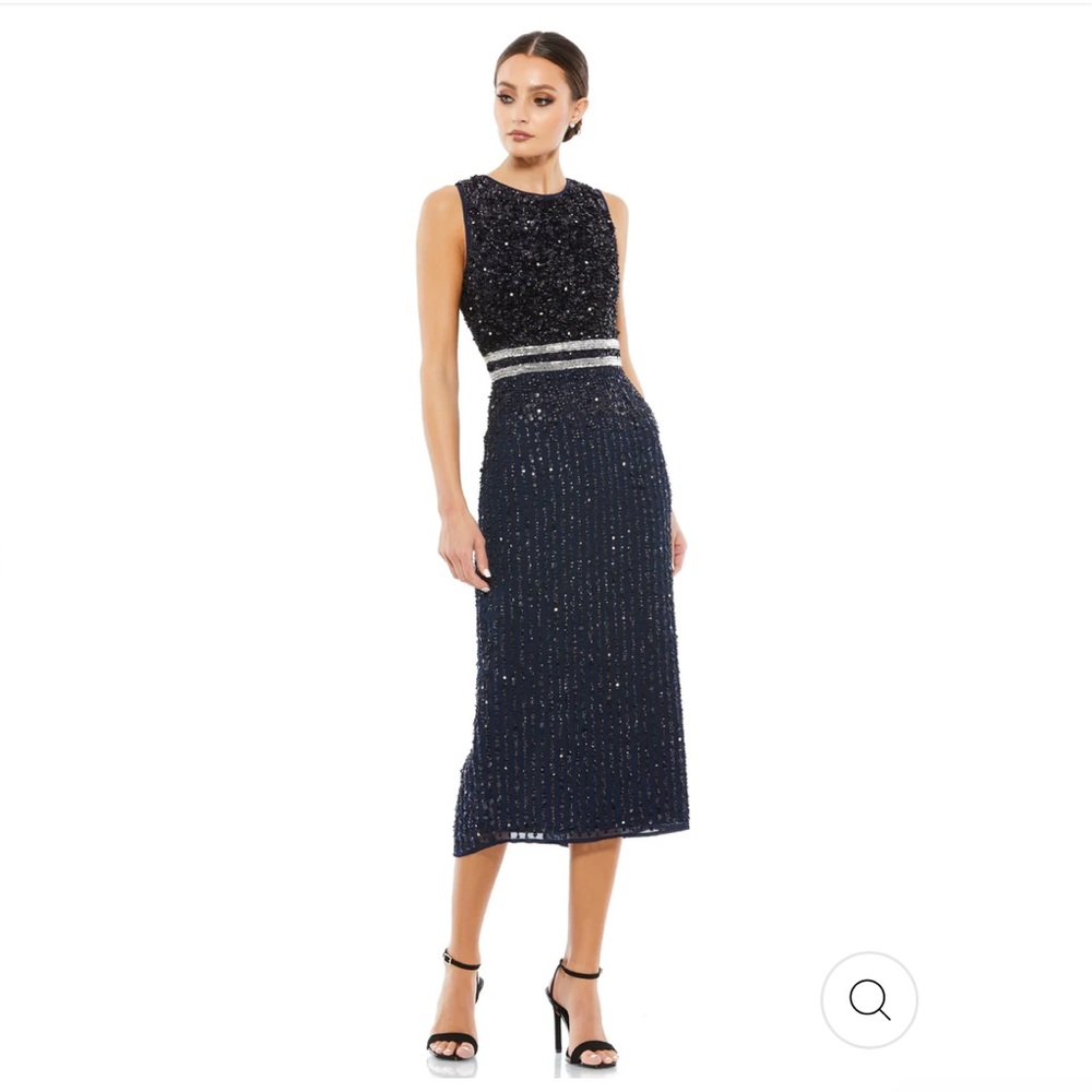 SLEEVELESS HIGH NECK BEADED MIDI NAVY DRESS MAC Duggal NWT